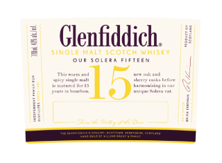 Etykieta z butelki whisky Glenfiddich 15YO