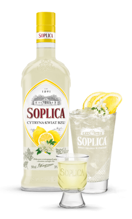 Kompozycja klieliszka, drinka i butelki Soplica Cytryna - Kwiat Bzu