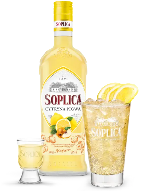 Kompozycja klieliszka, drinka i butelki Soplica Cytryna-Pigwa