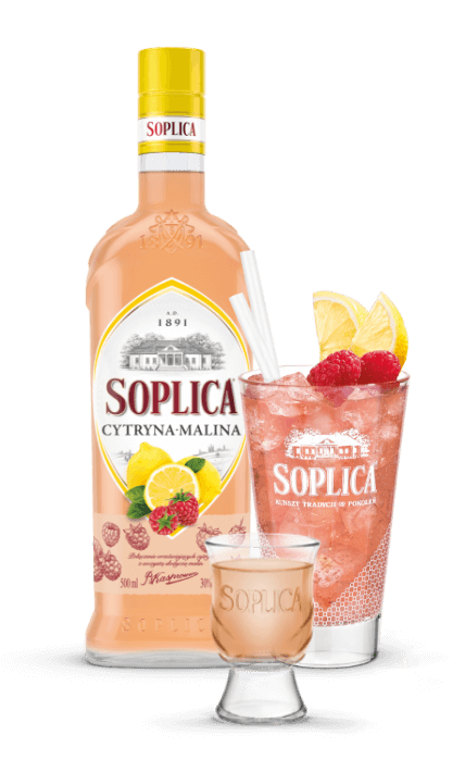 Kompozycja klieliszka, drinka i butelki Soplica Cytryna - Malina