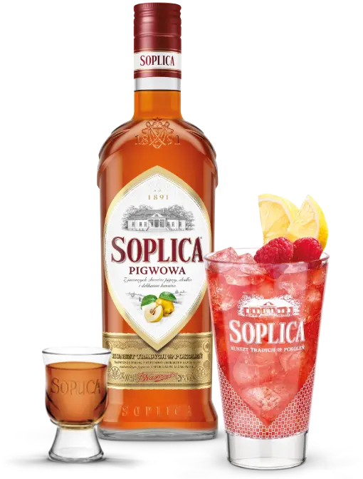 Kompozycja klieliszka, drinka i butelki Soplica Pigwa